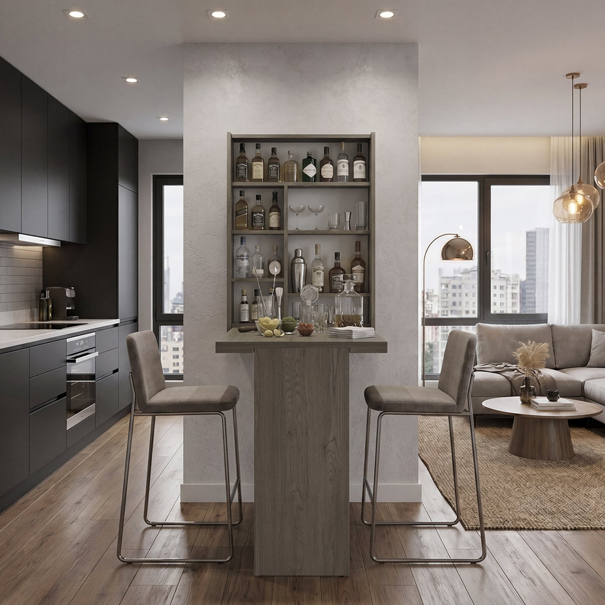 TUHOME CONCEPT Mueble bar de pared plegable Vatta con mesa abatible y estantes, 60 cm, cannolo