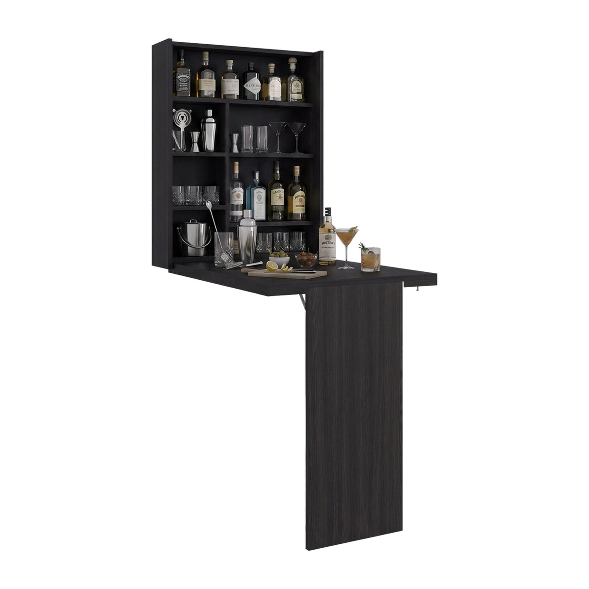 TUHOME CONCEPT Mueble bar de pared plegable Vatta con mesa abatible y estantes, 60 cm, wengué