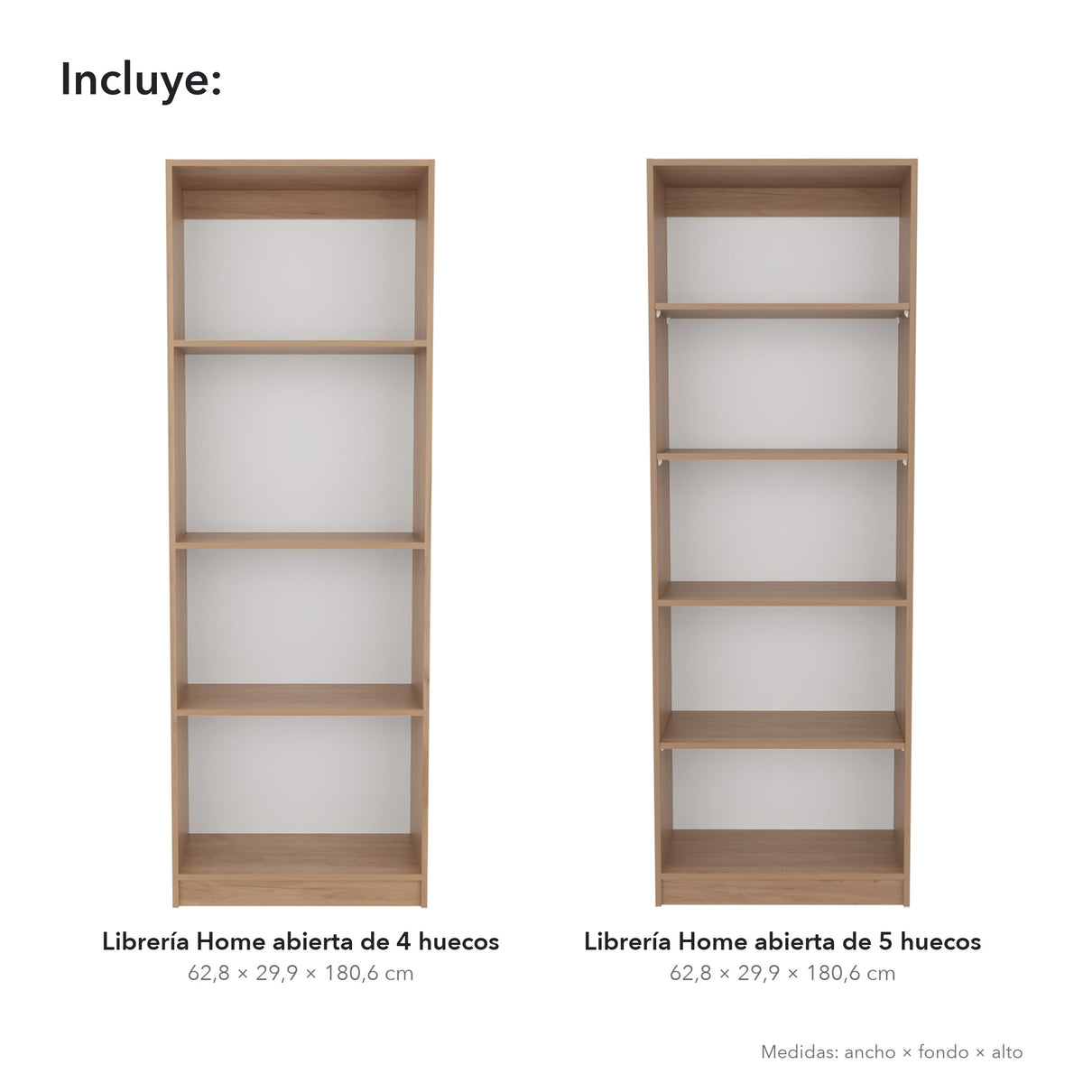 Conjunto de 2 librerías Home de 181 cm: 1 abierta de 4 huecos + 1 abierta de 5 huecos, fresno