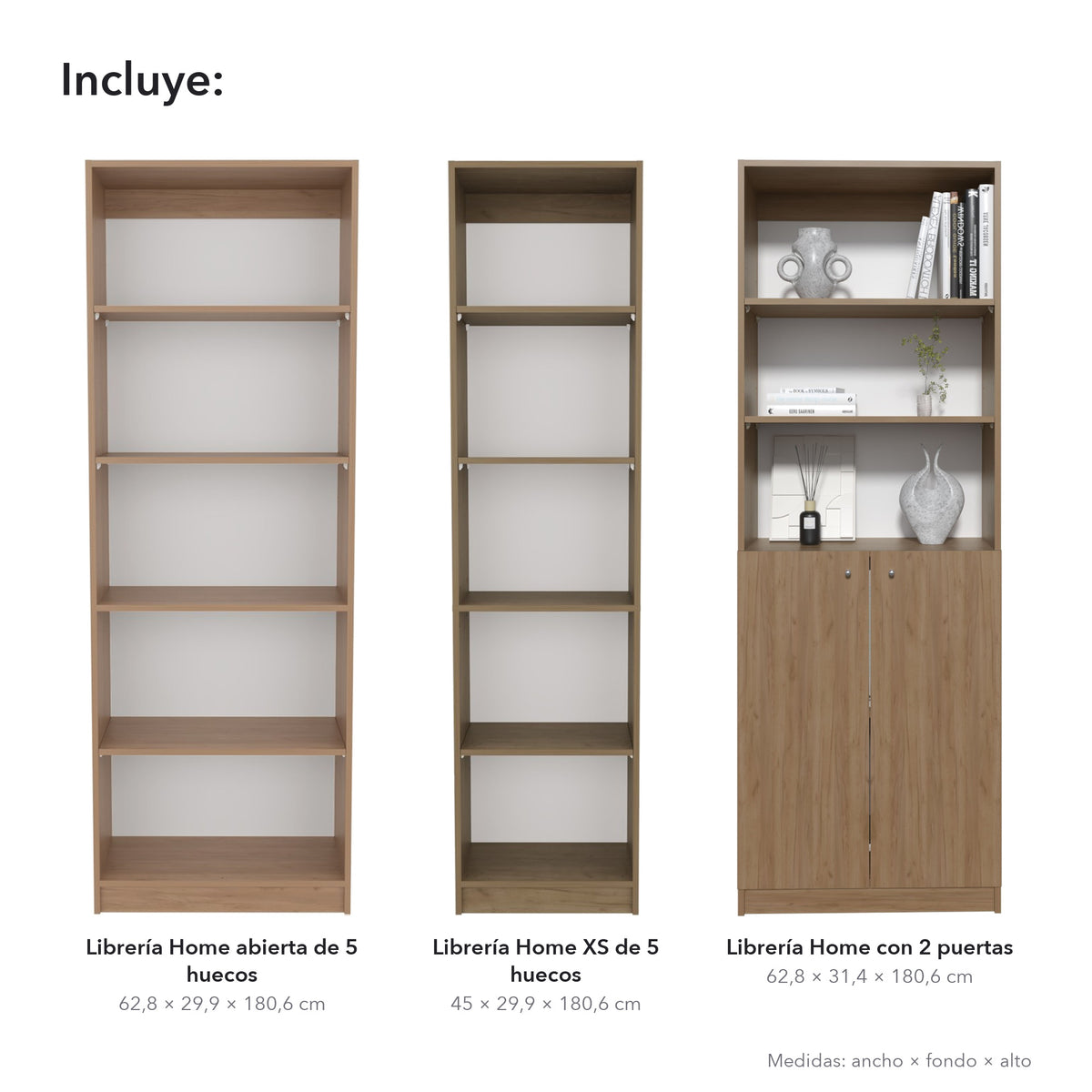 Conjunto de 3 librerías Home de 181 cm: 1 abierta de 5 huecos + 1 XS de 45 cm + 1 con 2 puertas, fresno