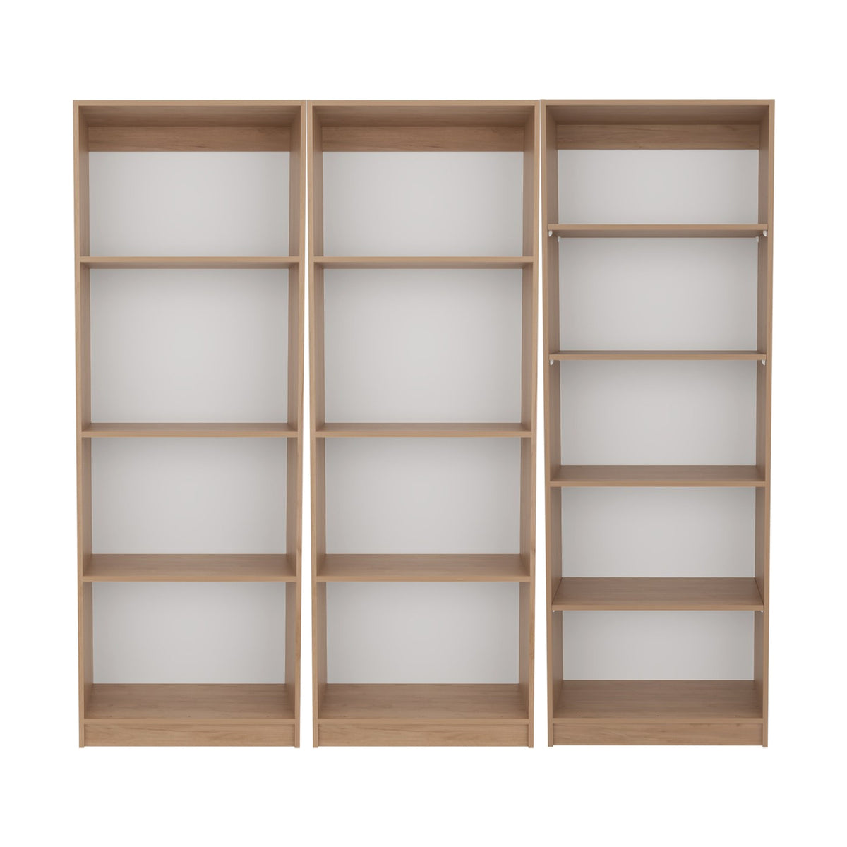 Conjunto de 3 librerías Home de 181 cm: 2 abiertas de 4 huecos + 1 abierta de 5 huecos, fresno