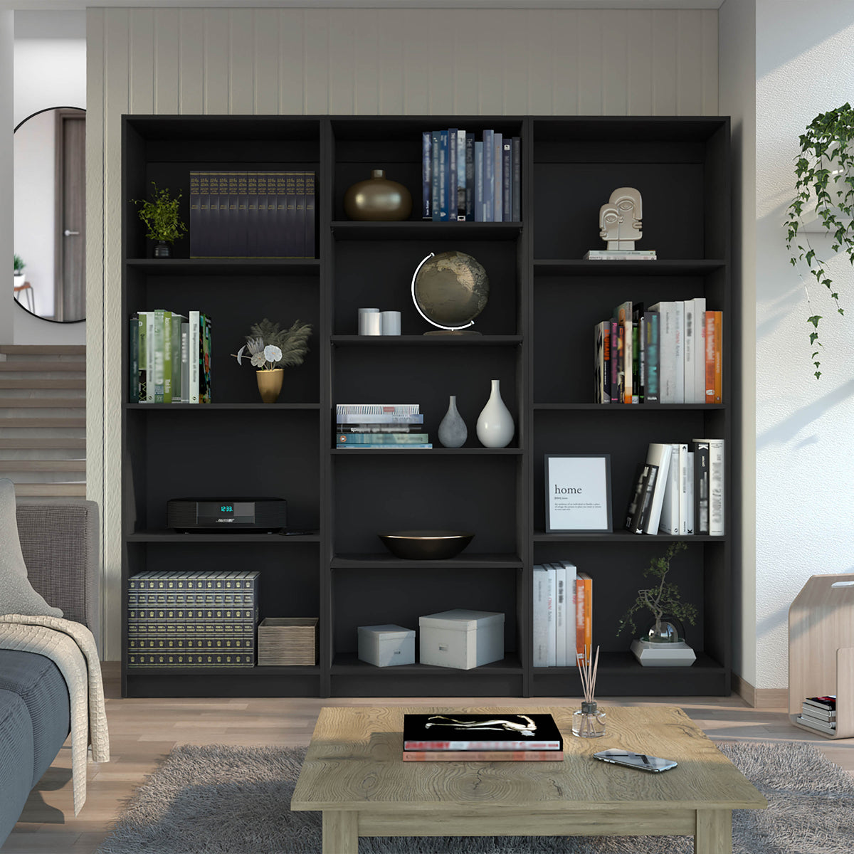 TUHOME CONCEPT Conjunto de 3 librerías Home de 181 cm: 2 abiertas de 4 huecos + 1 abierta de 5 huecos, wengué