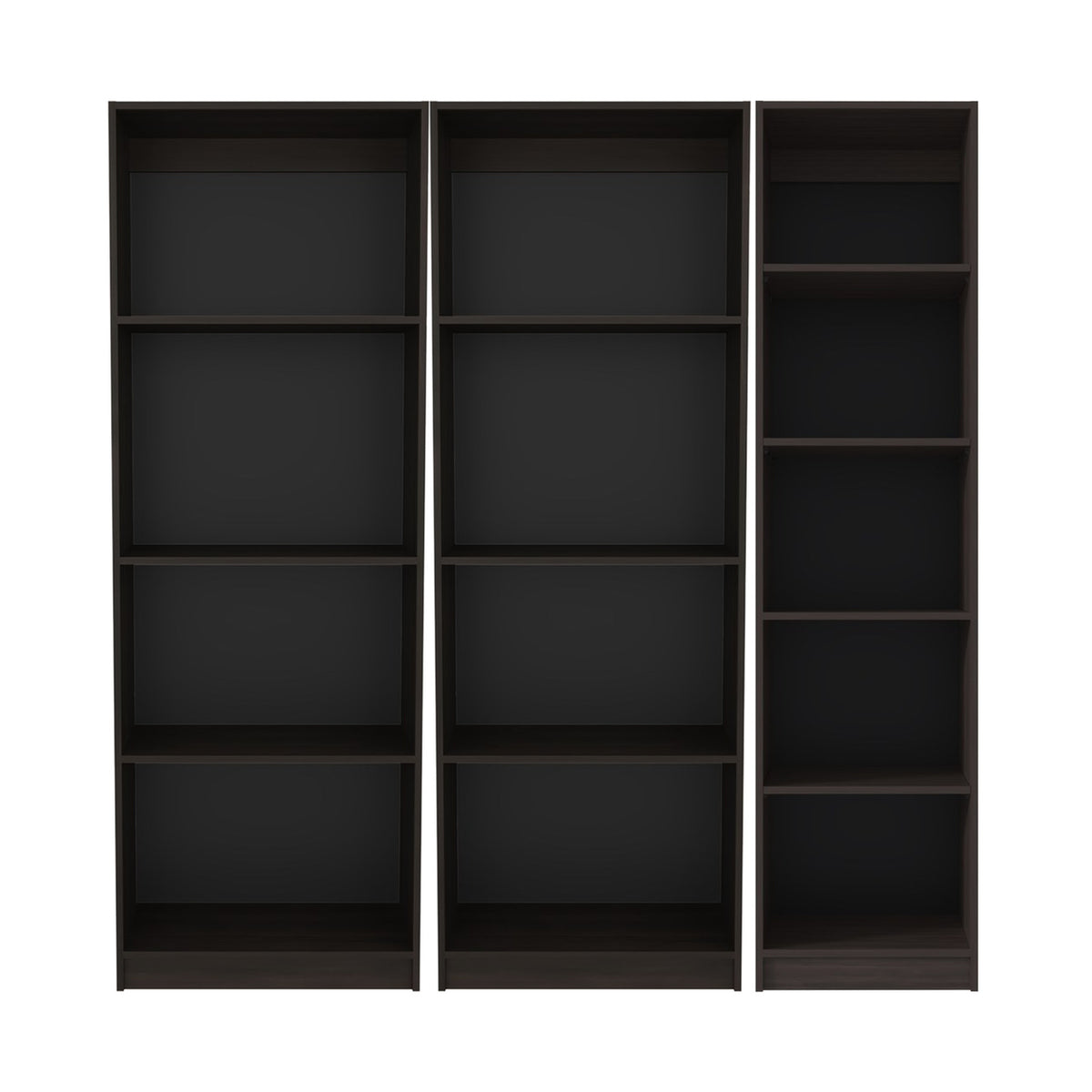 Conjunto de 3 librerías Home de 181 cm: 2 abiertas de 4 huecos + 1 XS de 45 cm, nogal