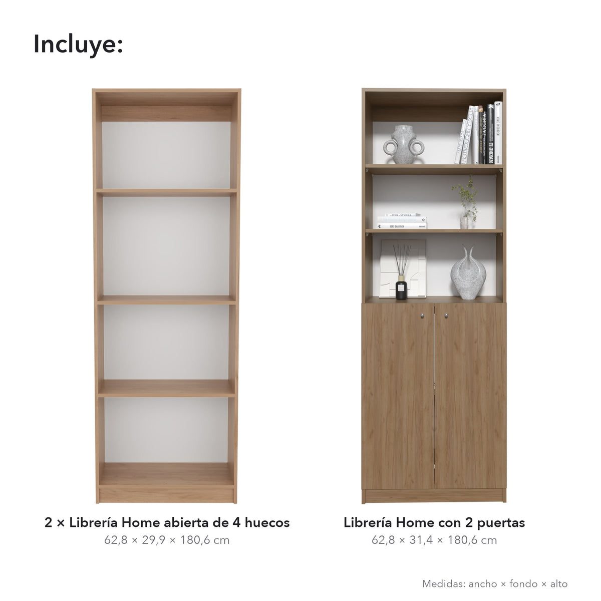 Conjunto de 3 librerías Home de 181 cm: 2 abiertas de 4 huecos + 1 con 2 puertas, fresno