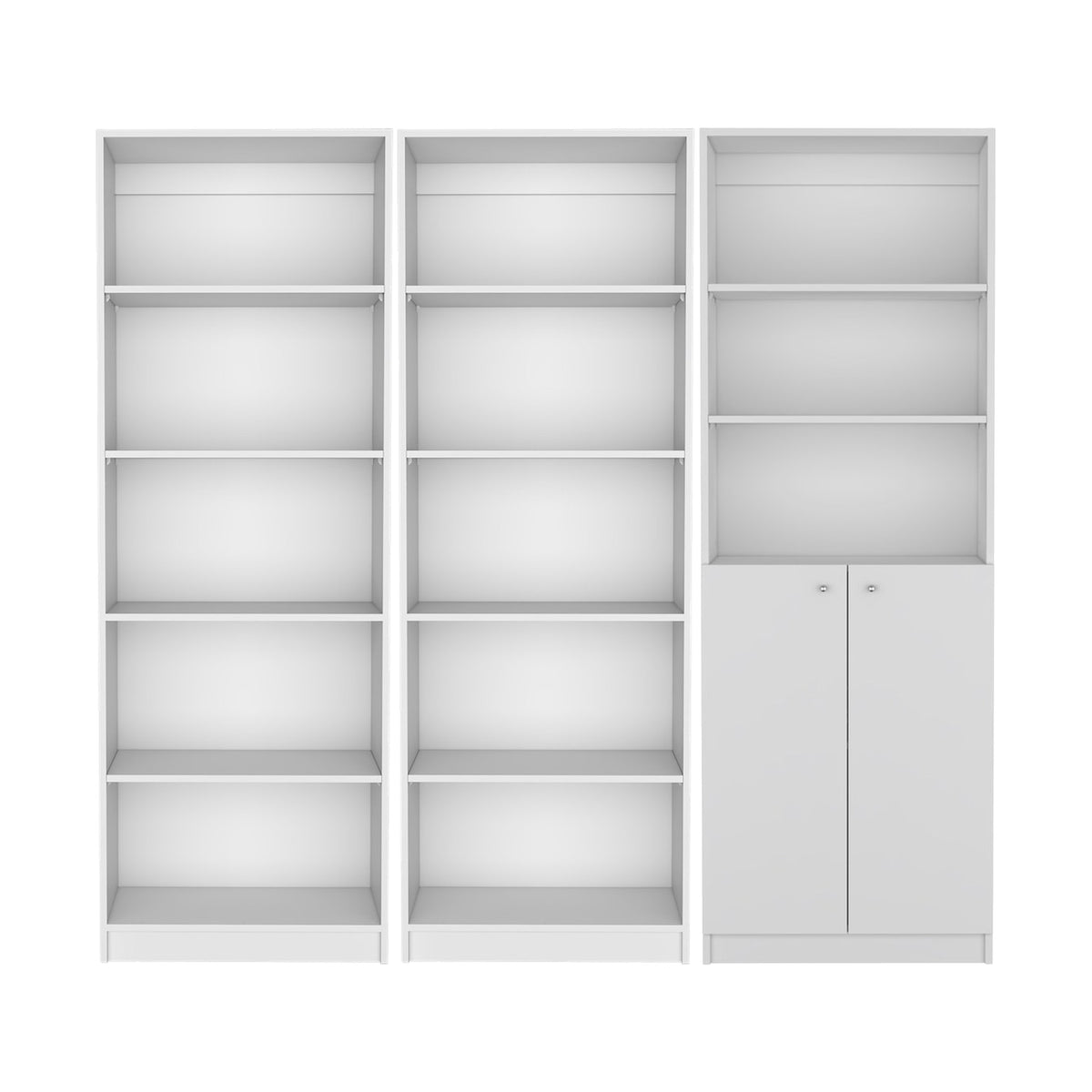 Conjunto de 3 librerías Home de 181 cm: 2 abiertas de 5 huecos + 1 con 2 puertas, blanco