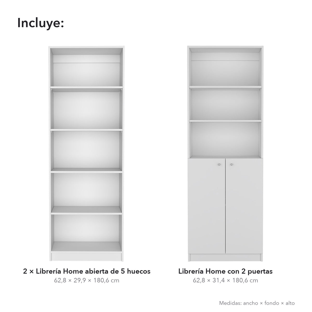 Conjunto de 3 librerías Home de 181 cm: 2 abiertas de 5 huecos + 1 con 2 puertas, blanco