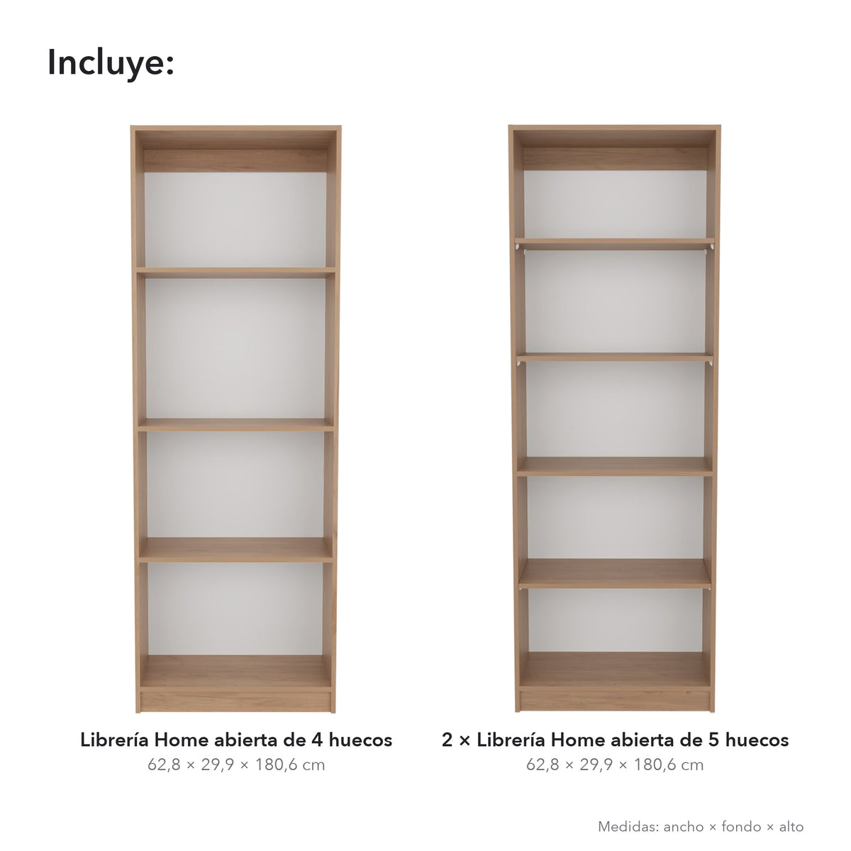 Conjunto de 3 librerías Home de 181 cm: 1 abierta de 4 huecos + 2 abiertas de 5 huecos, fresno
