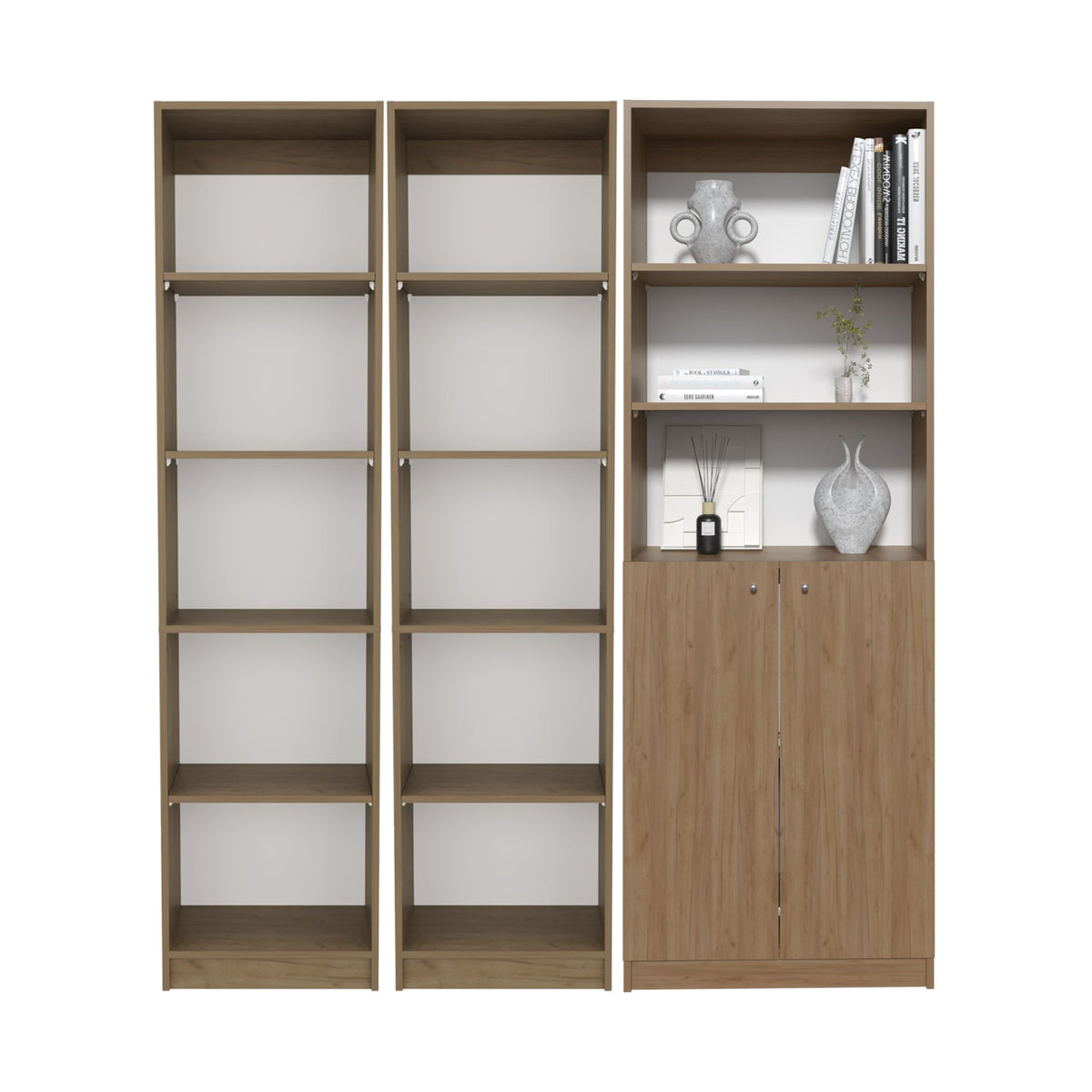 Conjunto de 3 librerías Home de 181 cm: 2 XS de 45 cm + 1 con 2 puertas, fresno