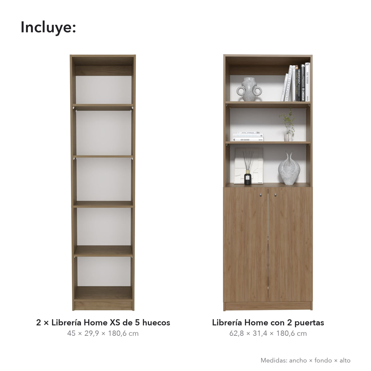 Conjunto de 3 librerías Home de 181 cm: 2 XS de 45 cm + 1 con 2 puertas, fresno