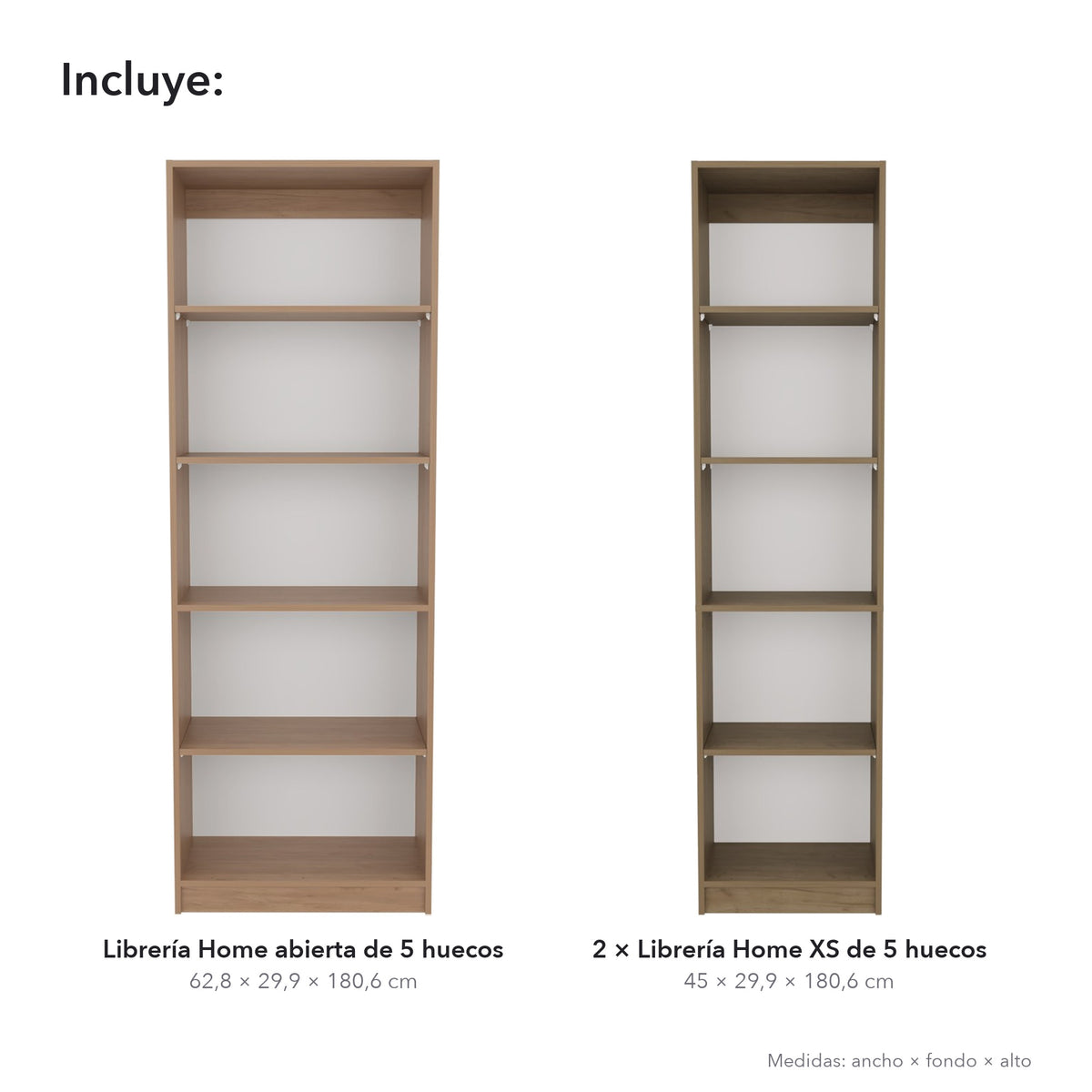 Conjunto de 3 librerías Home de 181 cm: 1 abierta de 5 huecos + 2 XS de 45 cm, fresno