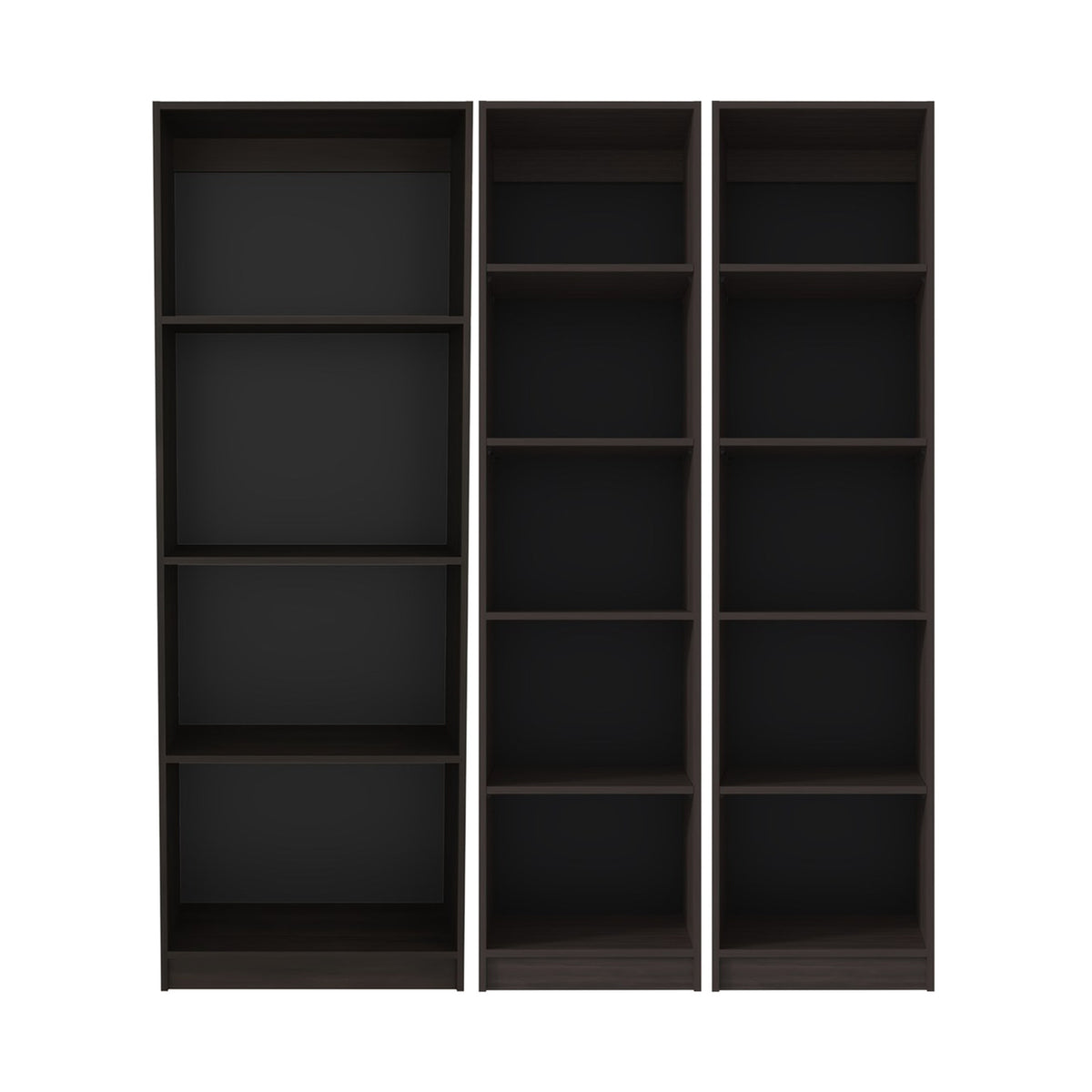 Conjunto de 3 librerías Home de 181 cm: 1 abierta de 4 huecos + 2 XS de 45 cm, nogal