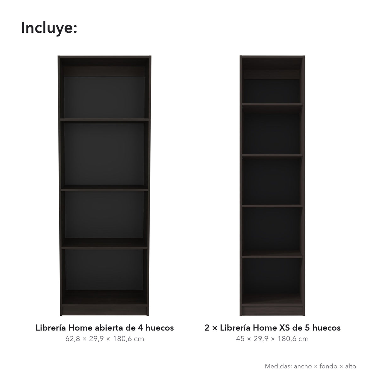 Conjunto de 3 librerías Home de 181 cm: 1 abierta de 4 huecos + 2 XS de 45 cm, nogal