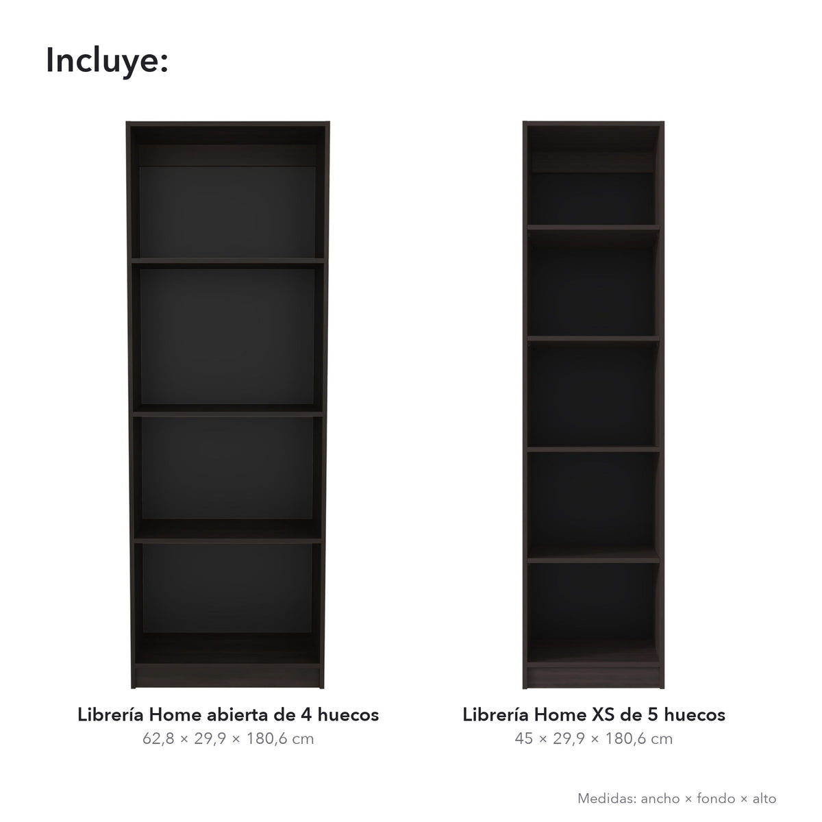 TUHOME CONCEPT Conjunto de 2 librerías Home de 181 cm: 1 abierta de 4 huecos + 1 XS de 45 cm, nogal