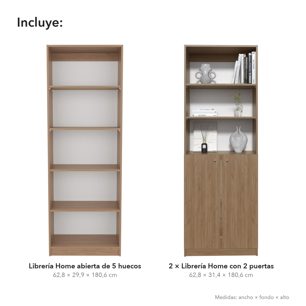 Conjunto de 3 librerías Home de 181 cm: 1 abierta de 5 huecos + 2 con 2 puertas, fresno