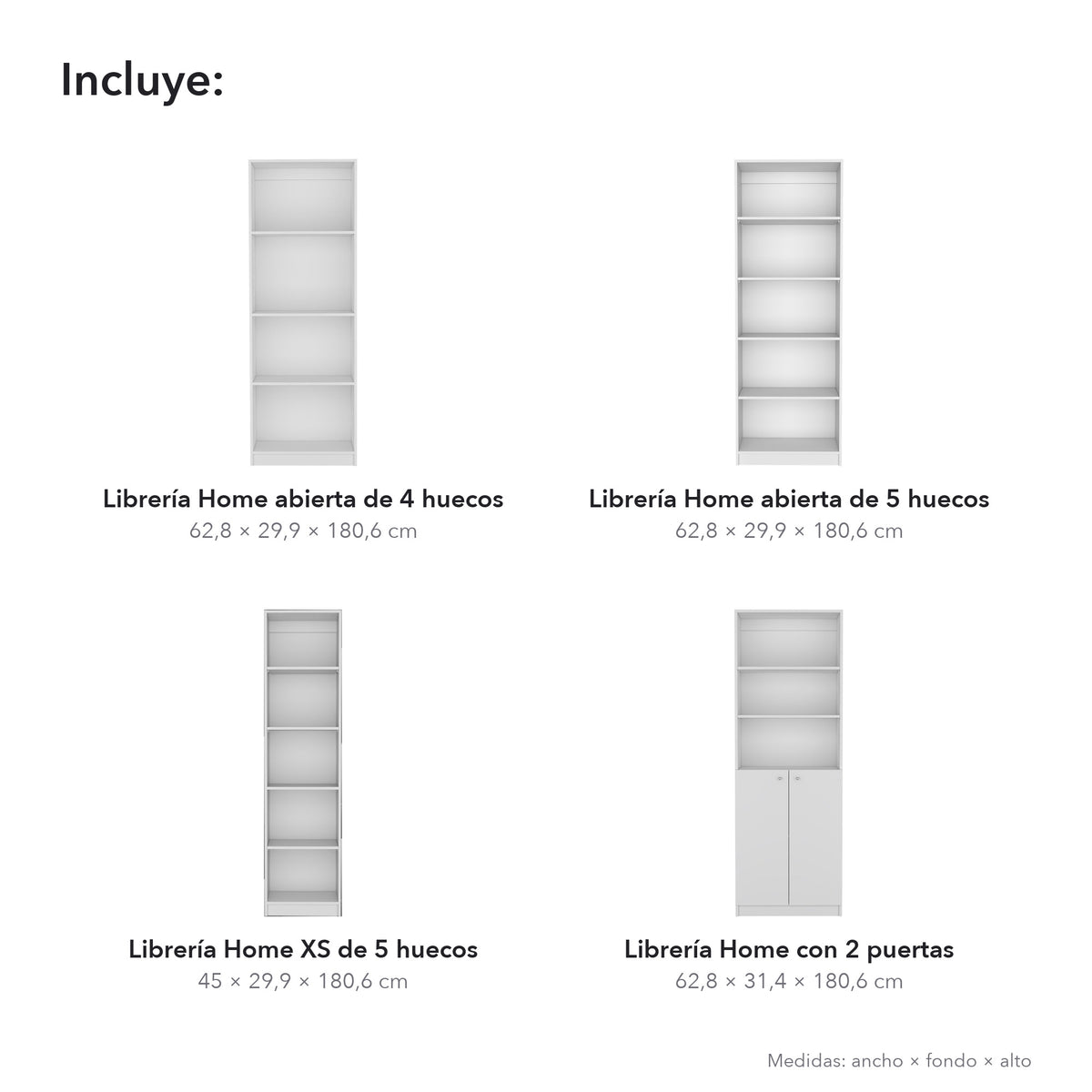 Conjunto de 4 librerías Home de 181 cm: 1 abierta de 4 huecos + 1 abierta de 5 huecos + 1 XS de 45 cm + 1 con 2 puertas, blanco