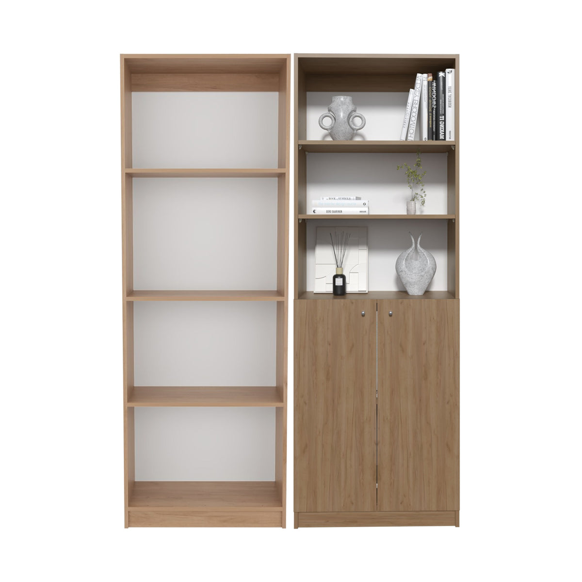 Conjunto de 2 librerías Home de 181 cm: 1 abierta de 4 huecos + 1 con 2 puertas, fresno