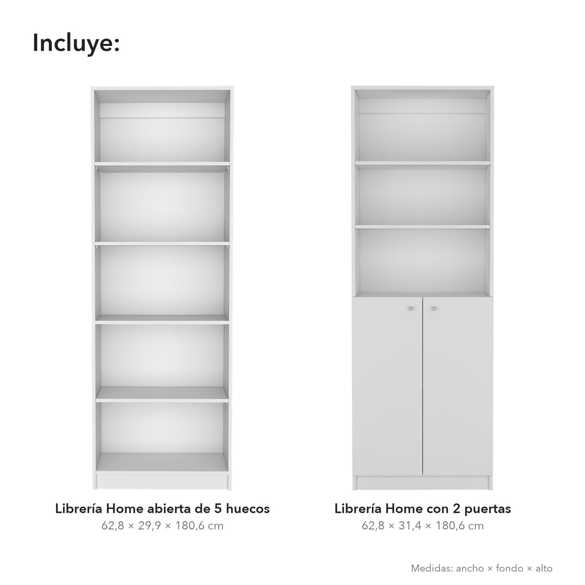 Conjunto de 2 librerías Home de 181 cm: 1 abierta de 5 huecos + 1 con 2 puertas, blanco