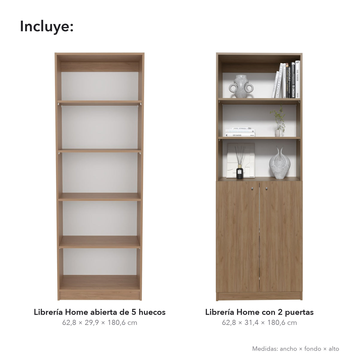 Conjunto de 2 librerías Home de 181 cm: 1 abierta de 5 huecos + 1 con 2 puertas, fresno