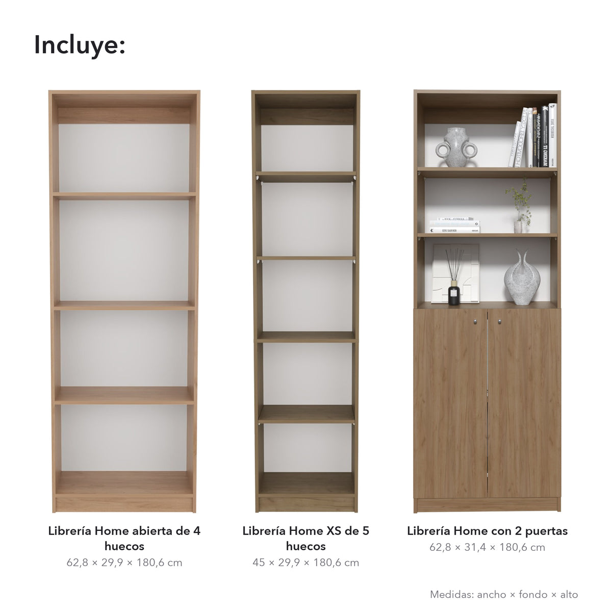 Conjunto de 3 librerías Home de 181 cm: 1 abierta de 4 huecos + 1 XS de 45 cm + 1 con 2 puertas, fresno