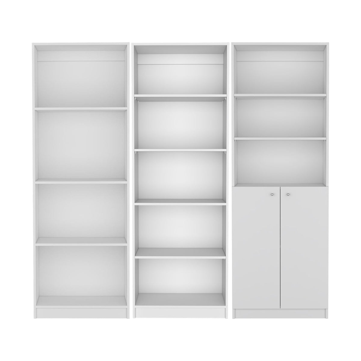 Conjunto de 3 librerías Home de 181 cm: 1 abierta de 4 huecos + 1 abierta de 5 huecos + 1 con 2 puertas, blanco