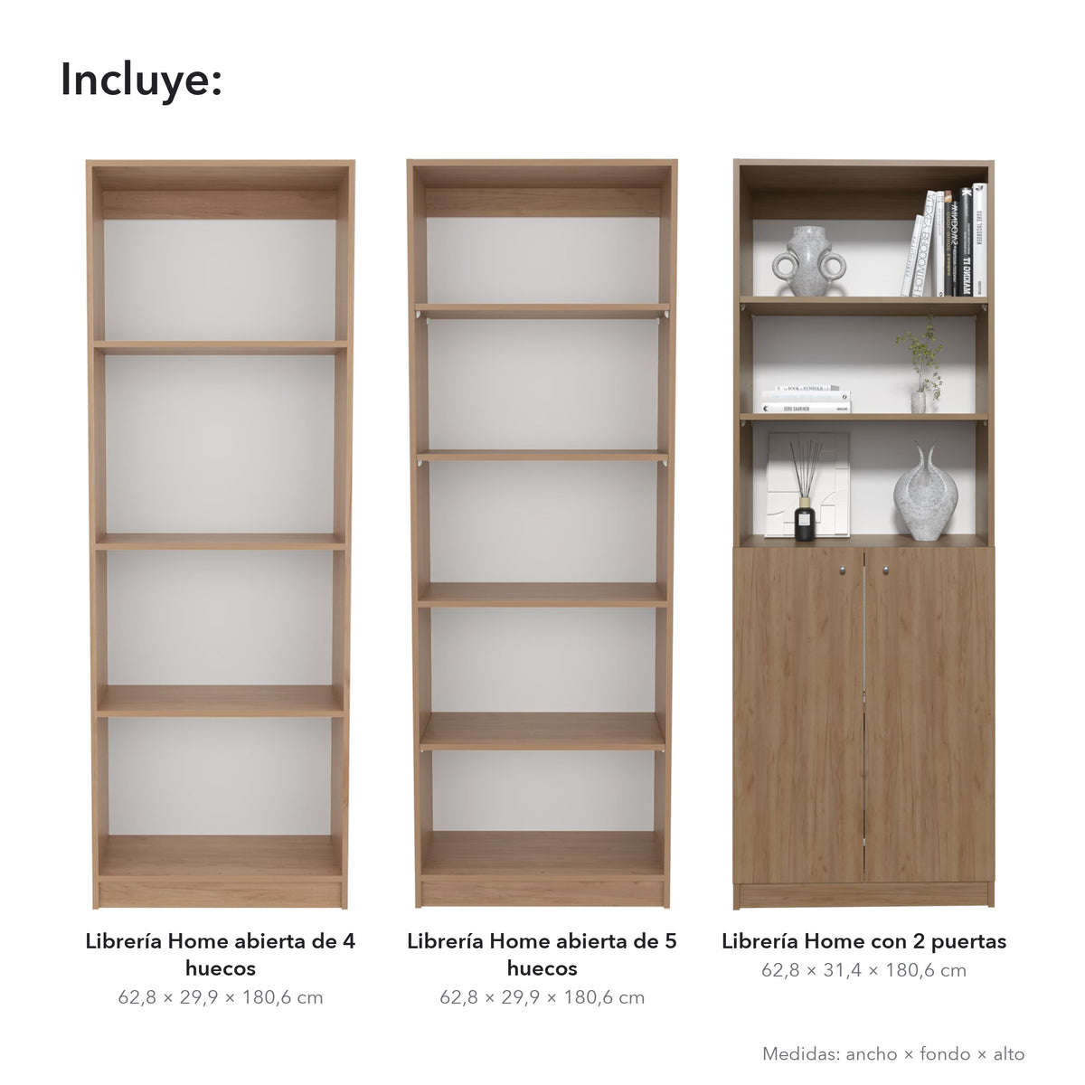 TUHOME CONCEPT Conjunto de 3 librerías Home de 181 cm: 1 abierta de 4 huecos + 1 abierta de 5 huecos + 1 con 2 puertas, fresno