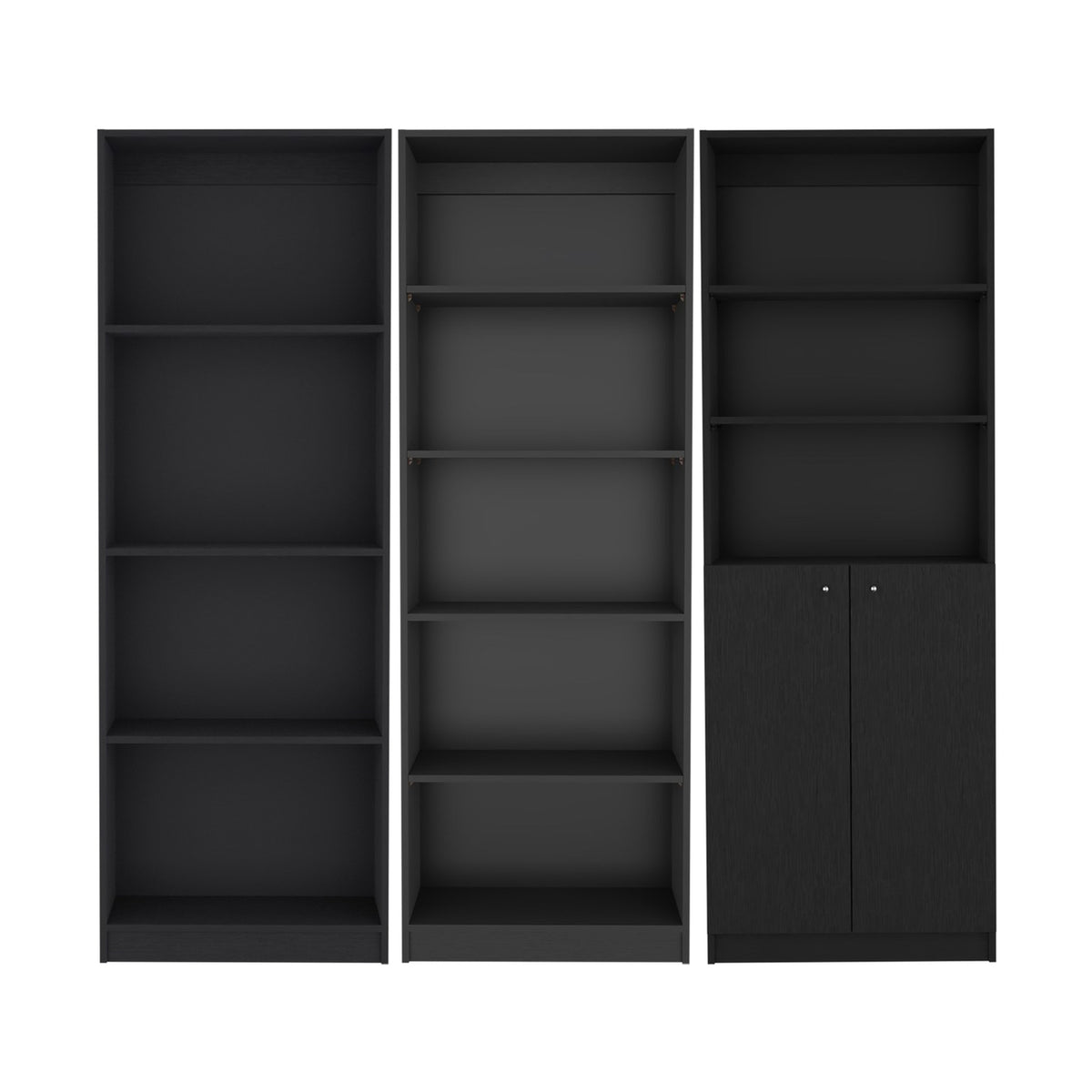 Conjunto de 3 librerías Home de 181 cm: 1 abierta de 4 huecos + 1 abierta de 5 huecos + 1 con 2 puertas, wengué