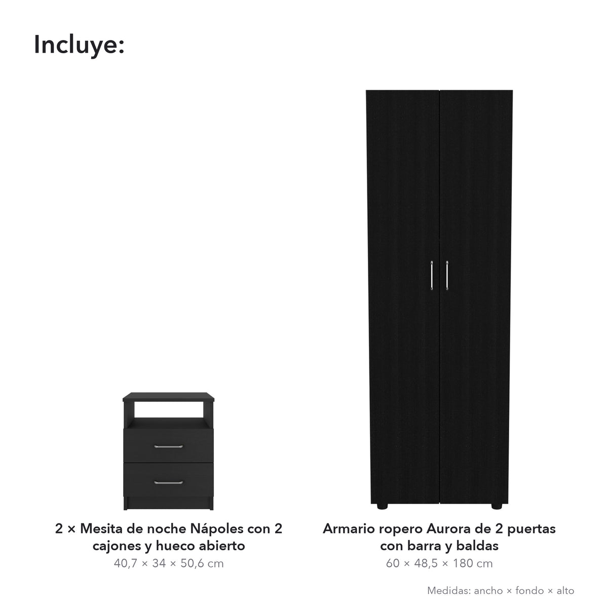 Conjunto de dormitorio: armario ropero Aurora de 180 cm + 2 mesitas de noche Nápoles, wengué