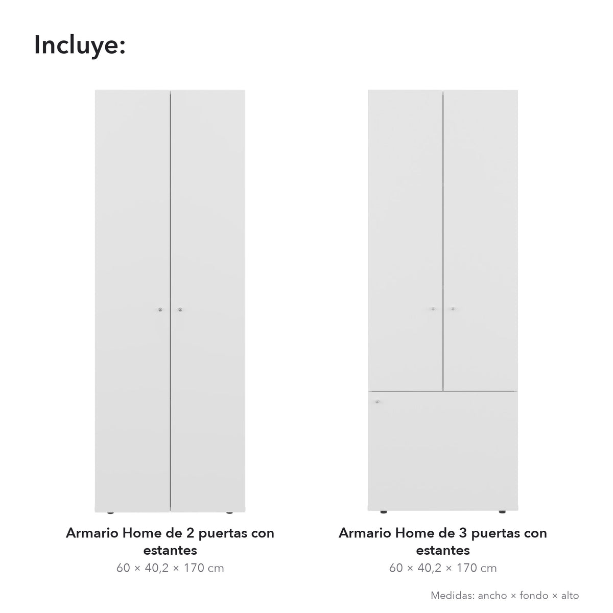 Conjunto de 2 armarios Home de 170 cm: 2 puertas con estantes + 3 puertas con estantes, blanco