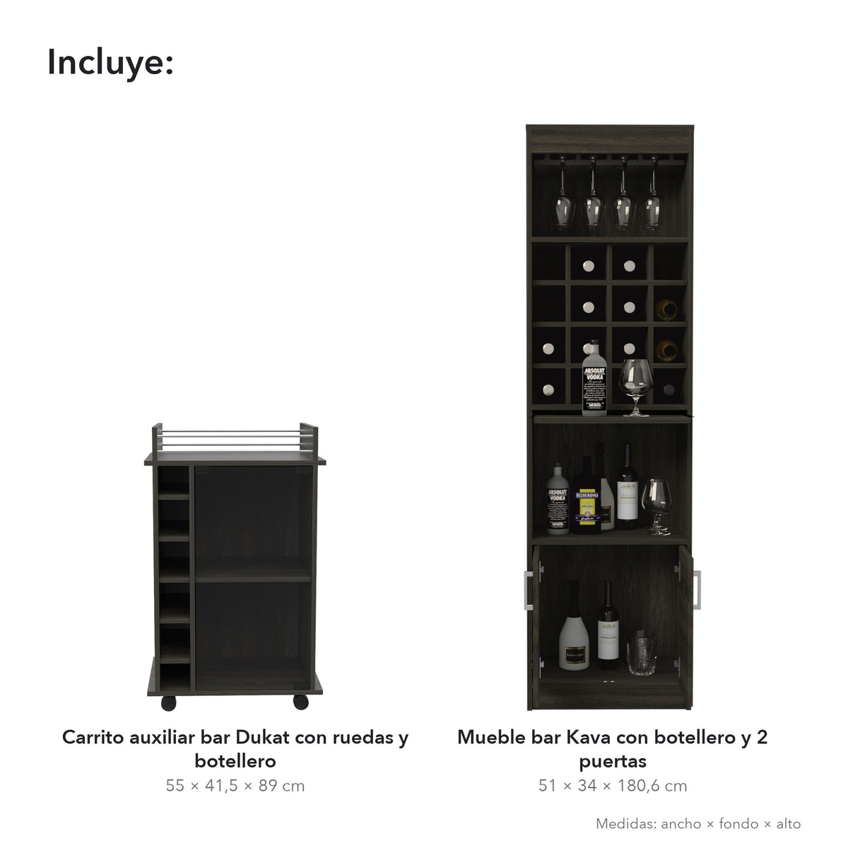 Conjunto de bar: mueble bar Kava de 181 cm + carrito auxiliar Dukat de 55 cm, gris carbón