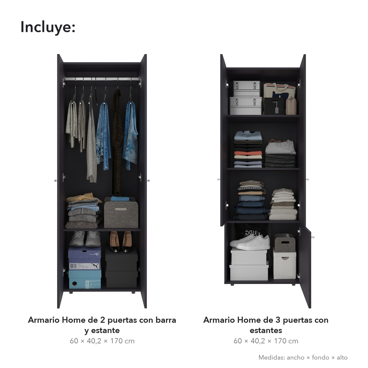Conjunto de 2 armarios Home de 170 cm: 2 puertas con barra + 3 puertas con estantes, wengué