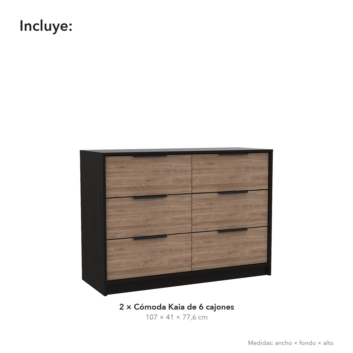 Pack de 2 cómodas Kaia de 107 cm con 6 cajones, wengué y roble miel