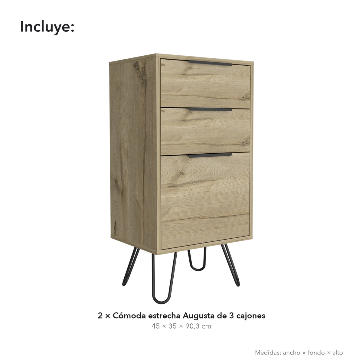Pack de 2 cómodas estrechas Augusta de 3 cajones, roble claro