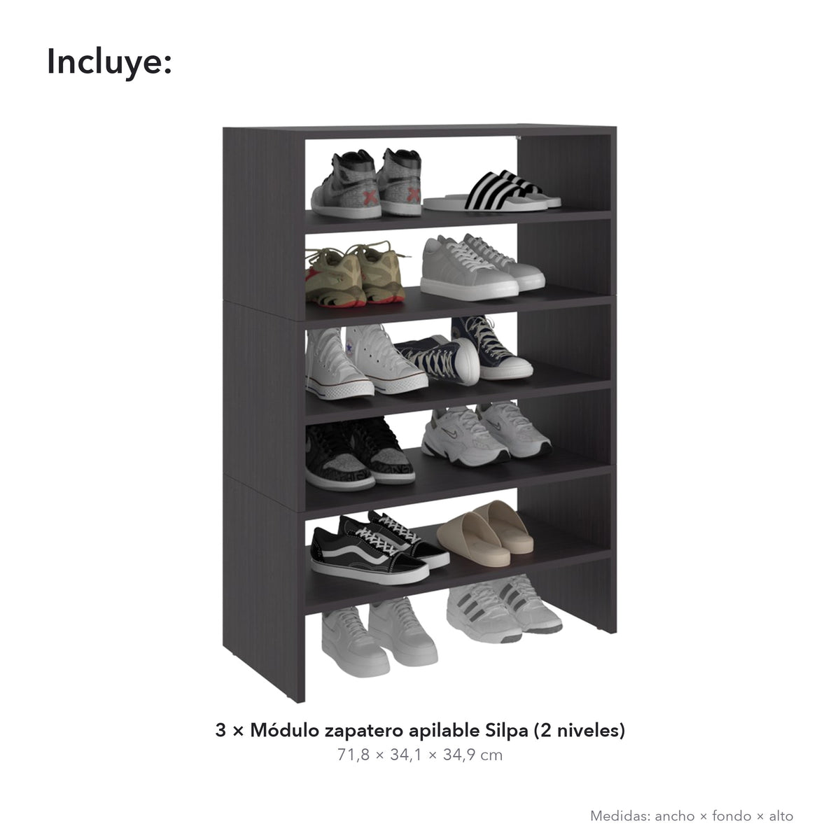 Conjunto zapatero Silpa de 6 niveles: 3 módulos apilables de 72 cm, wengué