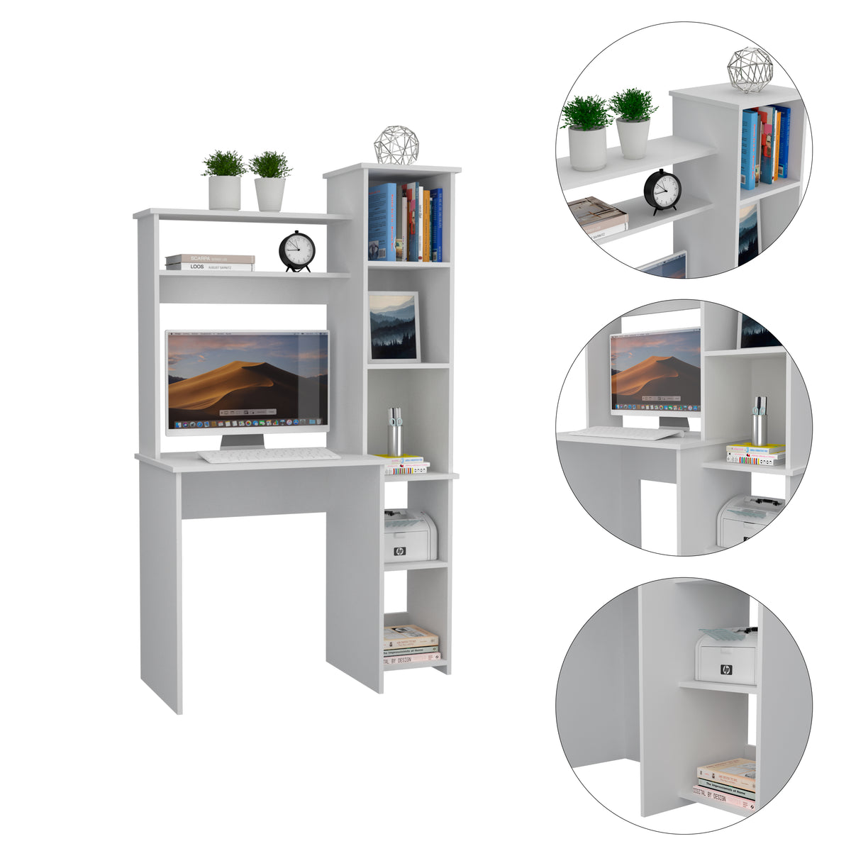 Mesa de Escritorio Versalles, con estantería, Blanco/ ceniza/Gris/Wengue