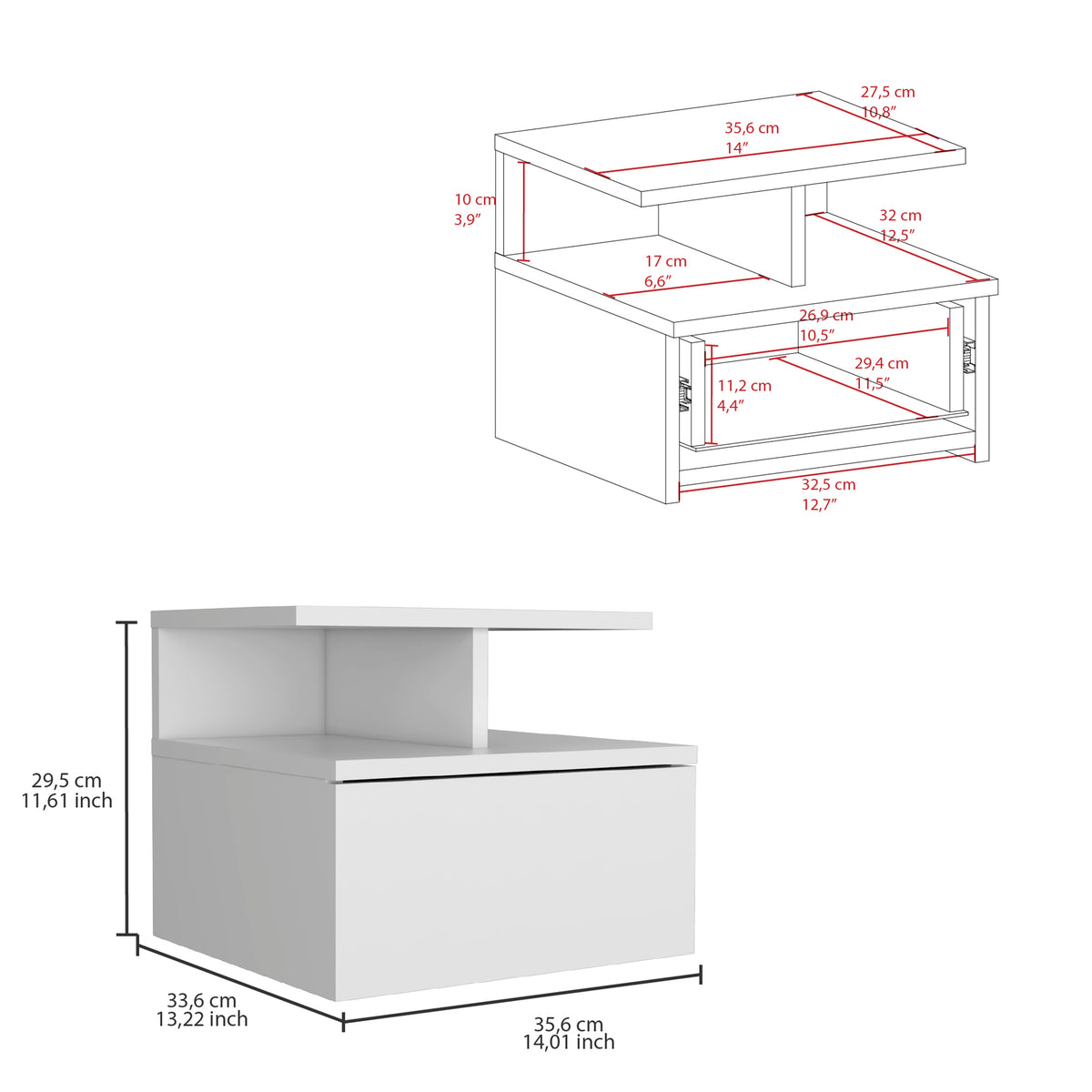 TUHOME CONCEPT Mesita de noche flotante Adele de 36 cm, blanco