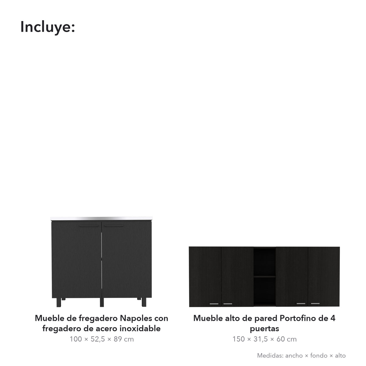 Conjunto de cocina: mueble de fregadero Napoles de 100 cm + mueble alto de pared Portofino de 150 cm, wengué