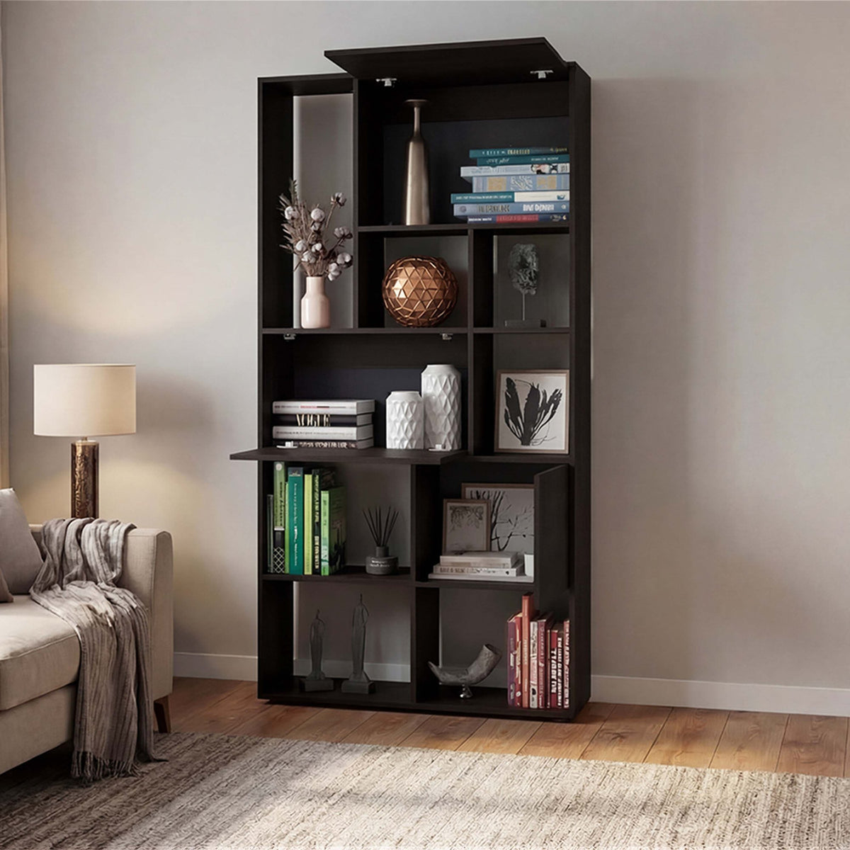 TUHOME CONCEPT Librería Anya de 181,6 cm con 3 puertas abatibles, nogal