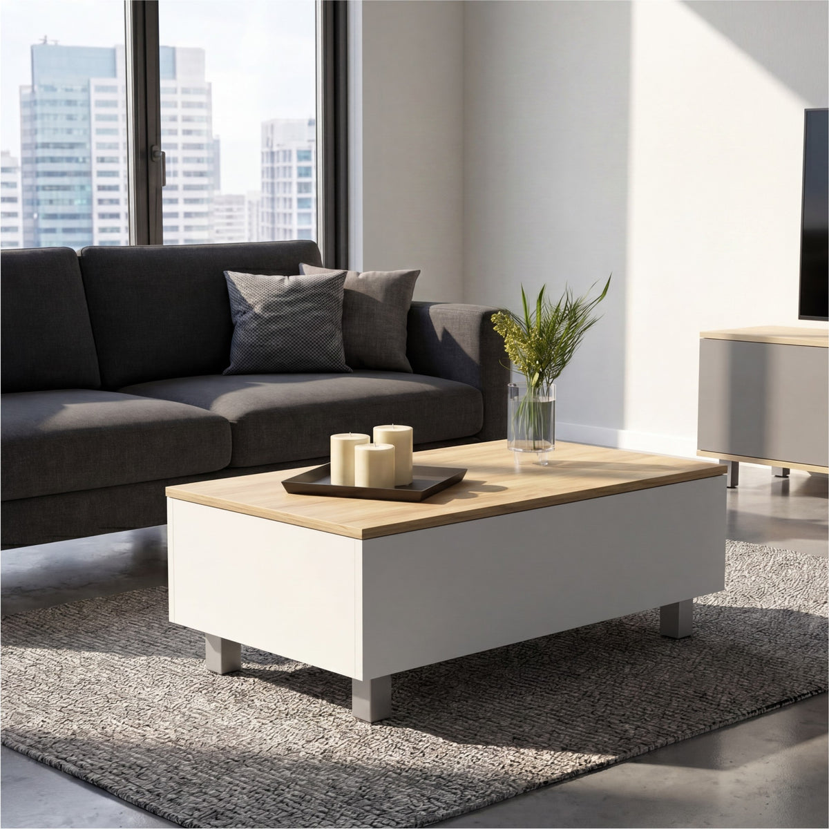 TUHOME CONCEPT Mesa de centro elevable Gambia de 80 cm con compartimento oculto, blanco y roble arena (MBD 5018) 2