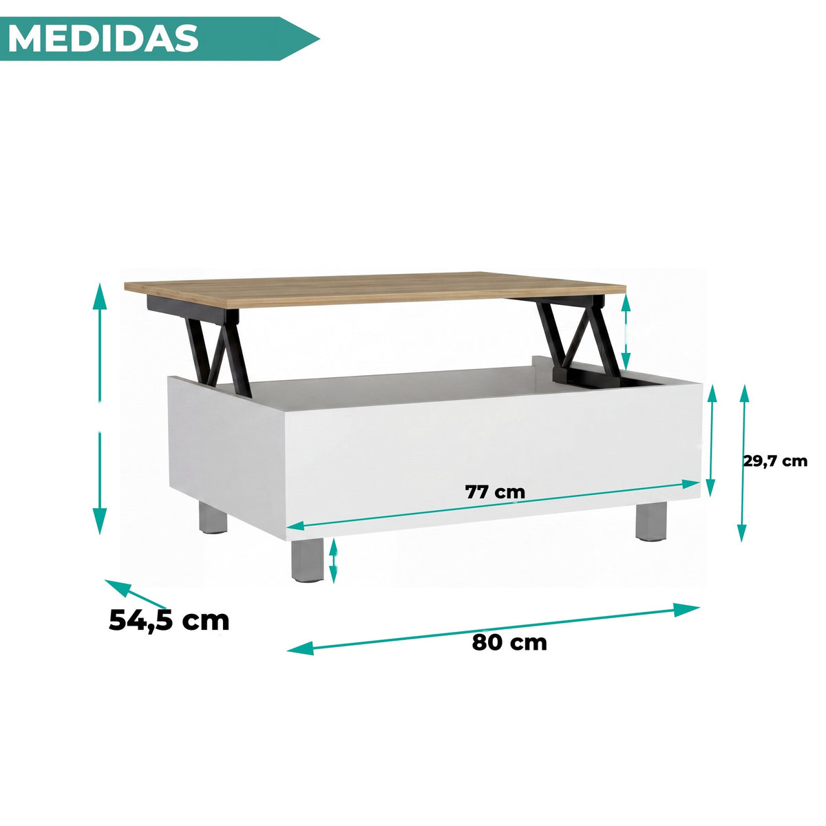TUHOME CONCEPT Mesa de centro elevable Gambia de 80 cm con compartimento oculto, blanco y roble arena (MBD 5018) 4