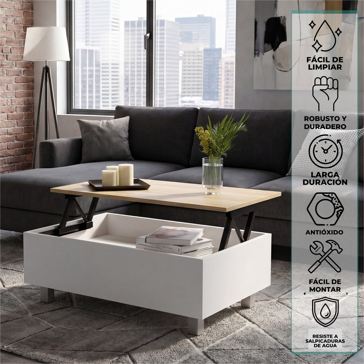TUHOME CONCEPT Mesa de centro elevable Gambia de 80 cm con compartimento oculto, blanco y roble arena (MBD 5018) 6