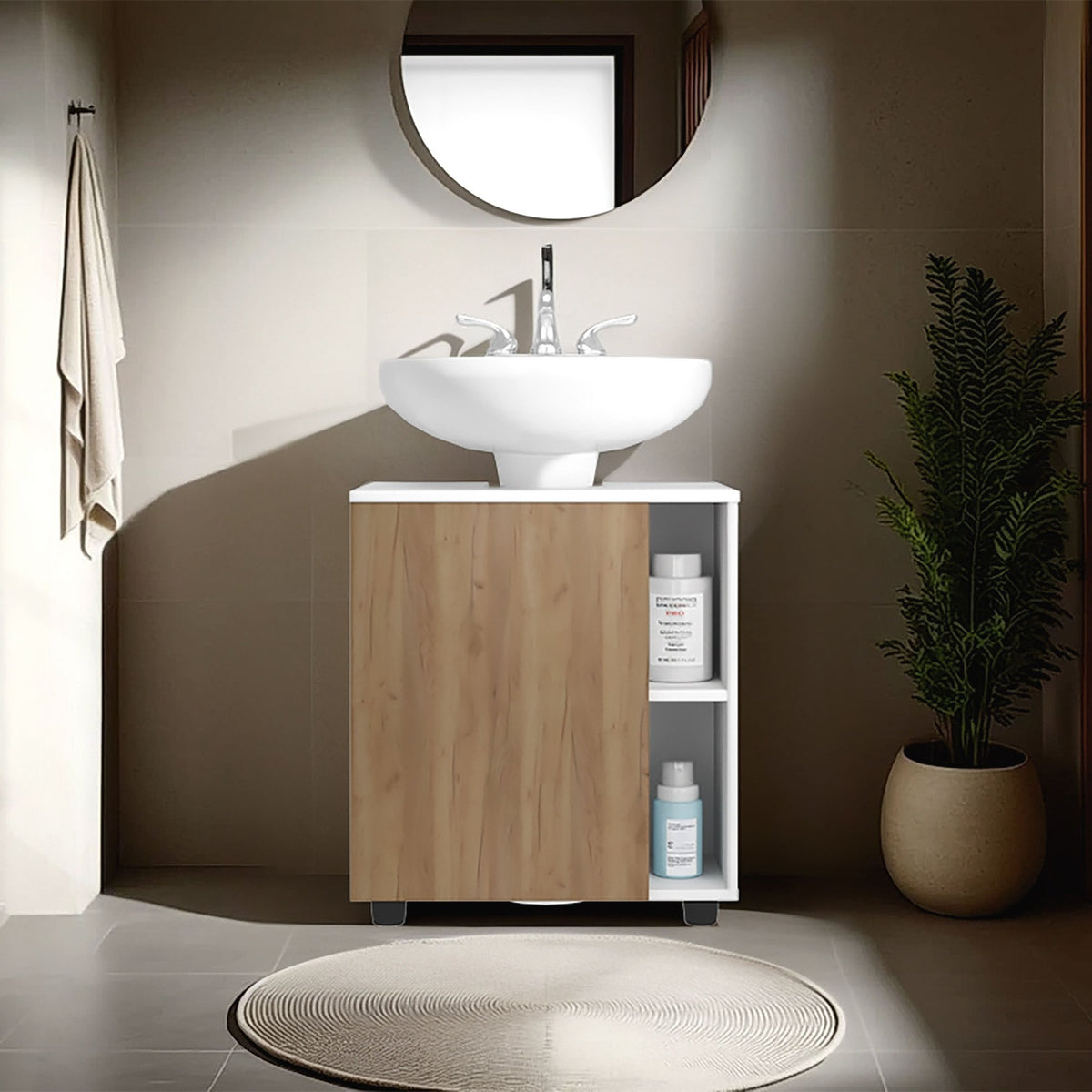 TUHOME CONCEPT Mueble bajo lavabo Pascuale de 55 cm con puerta y huecos laterales, blanco y roble