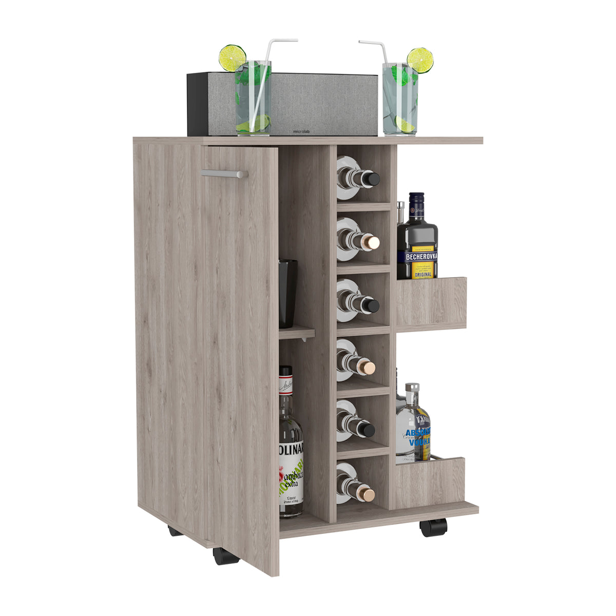 TUHOME CONCEPT Carrito de bar Dukat de 60 cm con botellero, 1 puerta y ruedas