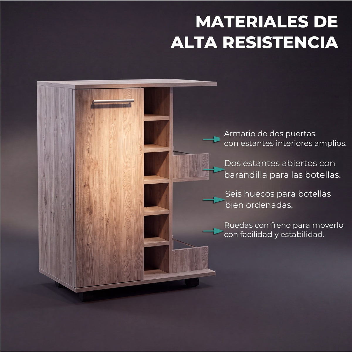 TUHOME CONCEPT Carrito de bar Dukat de 60 cm con botellero, 1 puerta y ruedas