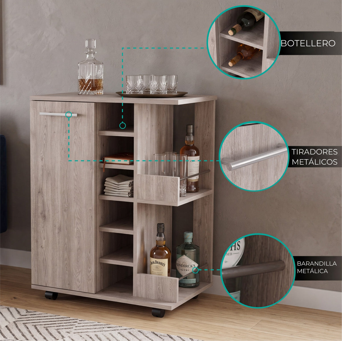 TUHOME CONCEPT Carrito de bar Dukat de 60 cm con botellero, 1 puerta y ruedas