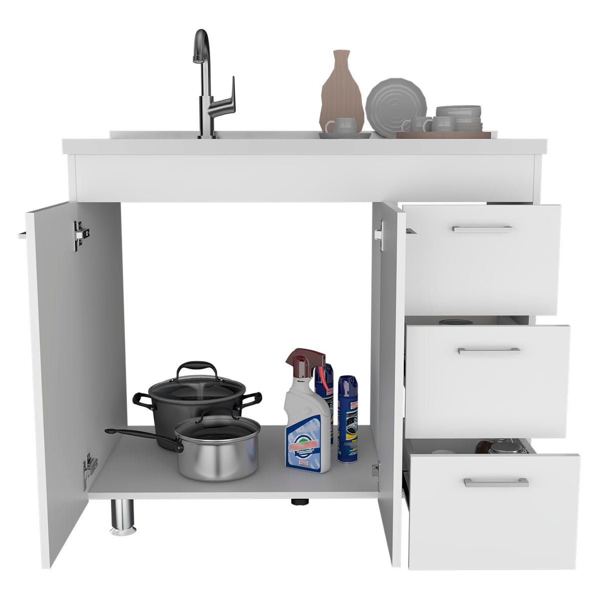 TUHOME CONCEPT Mueble bajo de cocina Ferretti de 100 cm con fregadero inox, 2 puertas y 3 cajones, blanco