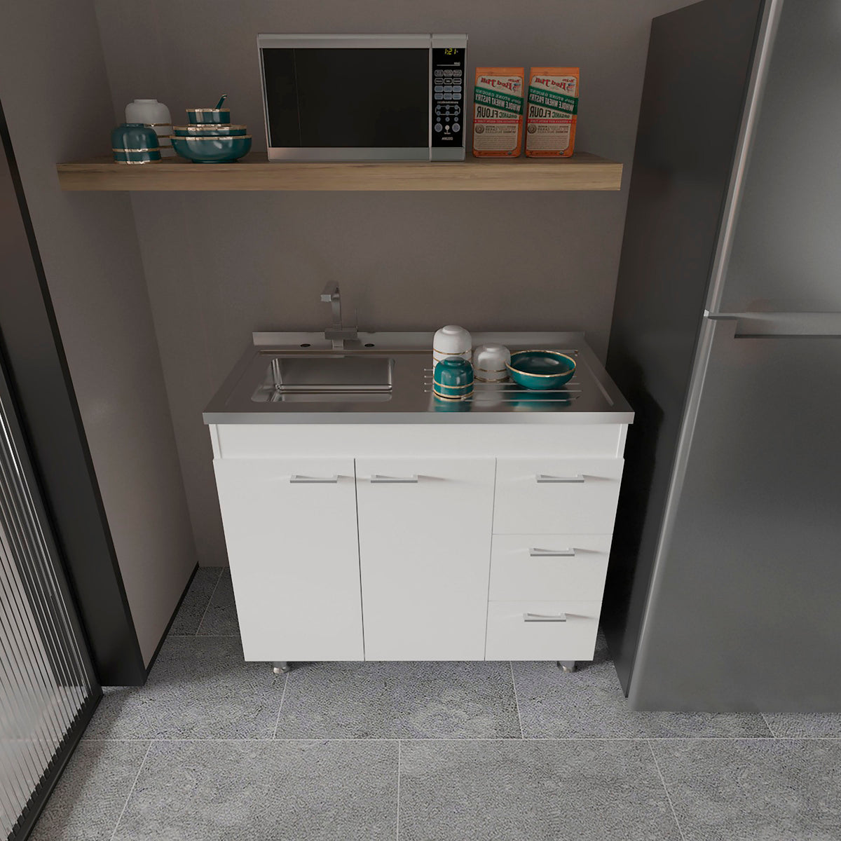 TUHOME CONCEPT Mueble bajo de cocina Ferretti de 100 cm con fregadero inox, 2 puertas y 3 cajones, blanco