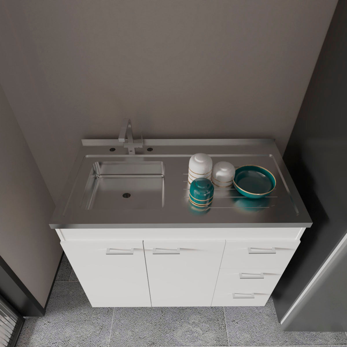 TUHOME CONCEPT Mueble bajo de cocina Ferretti de 100 cm con fregadero inox, 2 puertas y 3 cajones, blanco