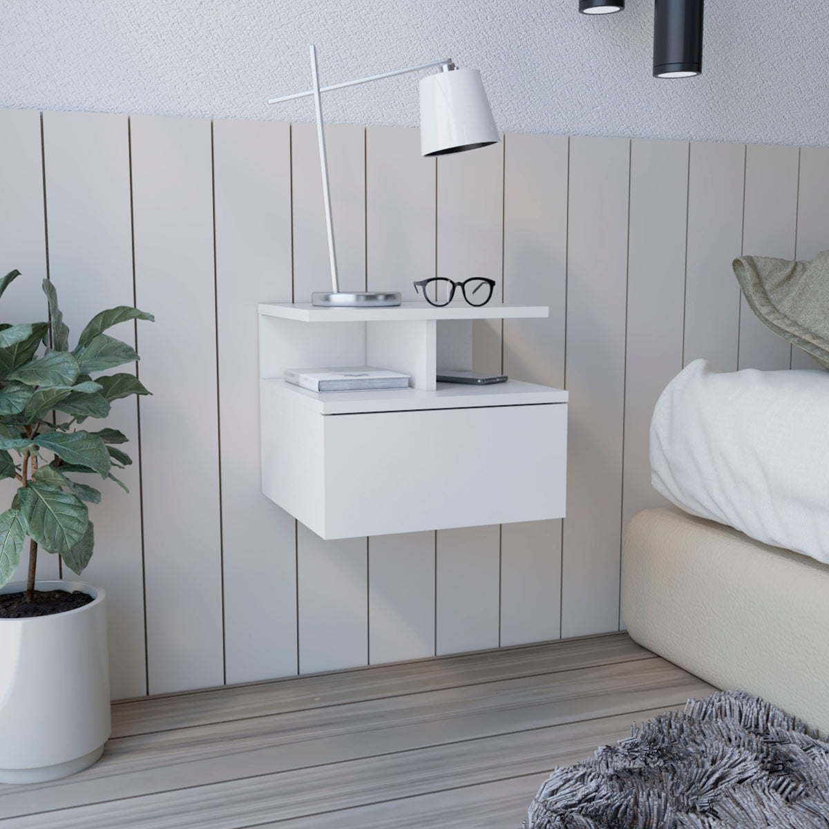 TUHOME CONCEPT Mesita de noche flotante Adele de 36 cm, blanco