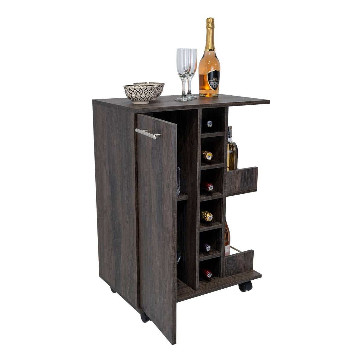 TUHOME CONCEPT Carrito de bar Dukat de 60 cm con botellero, 1 puerta y ruedas