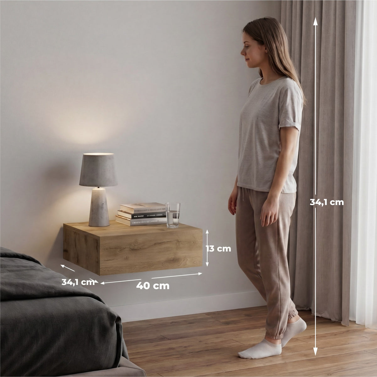 TUHOME CONCEPT Mesita de noche flotante Milano de 40 cm, macadamia